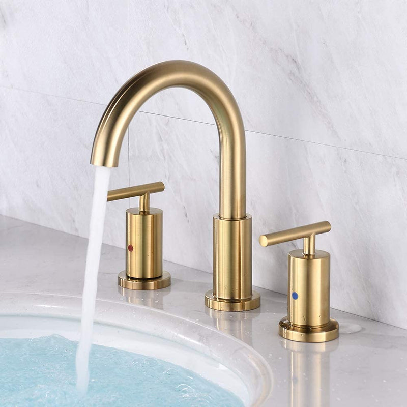 NEWATER Double Handle 8 inch Widespread Three Hole Brass Bathroom Sink Faucet Supply Lines Lavatory Faucet Mixer Tap Brushed Gold (CWF030-BG)