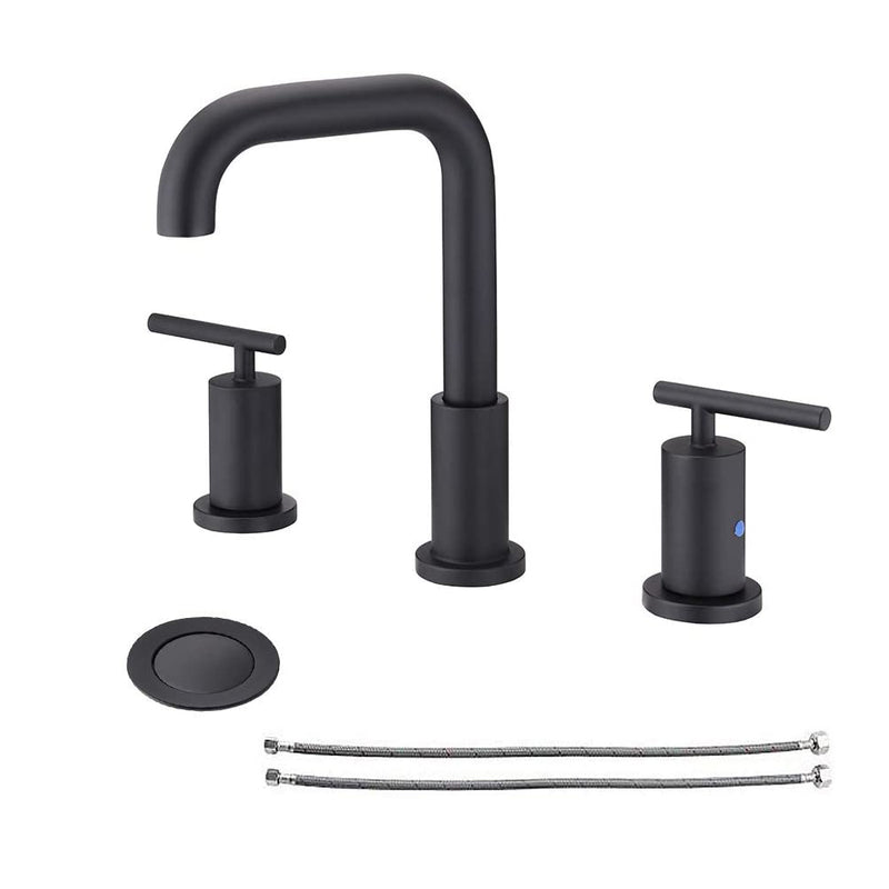 NEWATER Double Handle 8 inch Widespread Three Hole Brass Bathroom Sink Faucet Supply Lines Lavatory Faucet Mixer Tap Matte Black（CWF030B-MB）