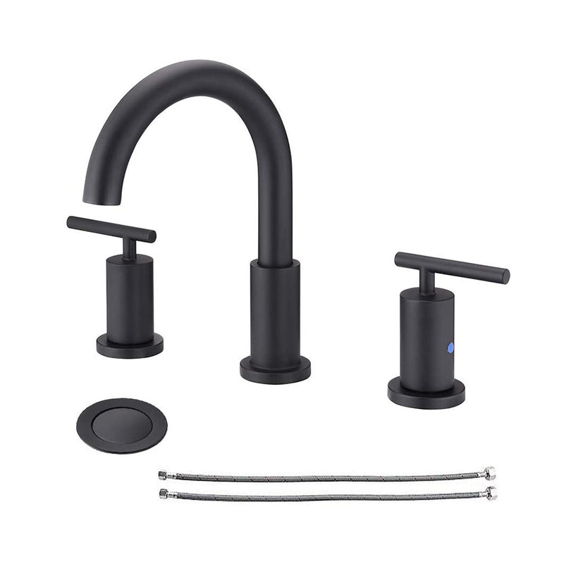 NEWATER Two Handle 8 inch Widespread Three Hole Bathroom Sink Faucet Supply Hoses Basin Faucet Mixer Tap Matte Black（CWF030-MB）