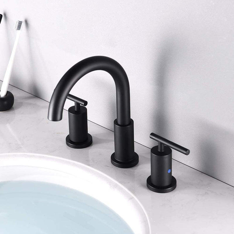 NEWATER Two Handle 8 inch Widespread Three Hole Bathroom Sink Faucet Supply Hoses Basin Faucet Mixer Tap Matte Black（CWF030-MB）