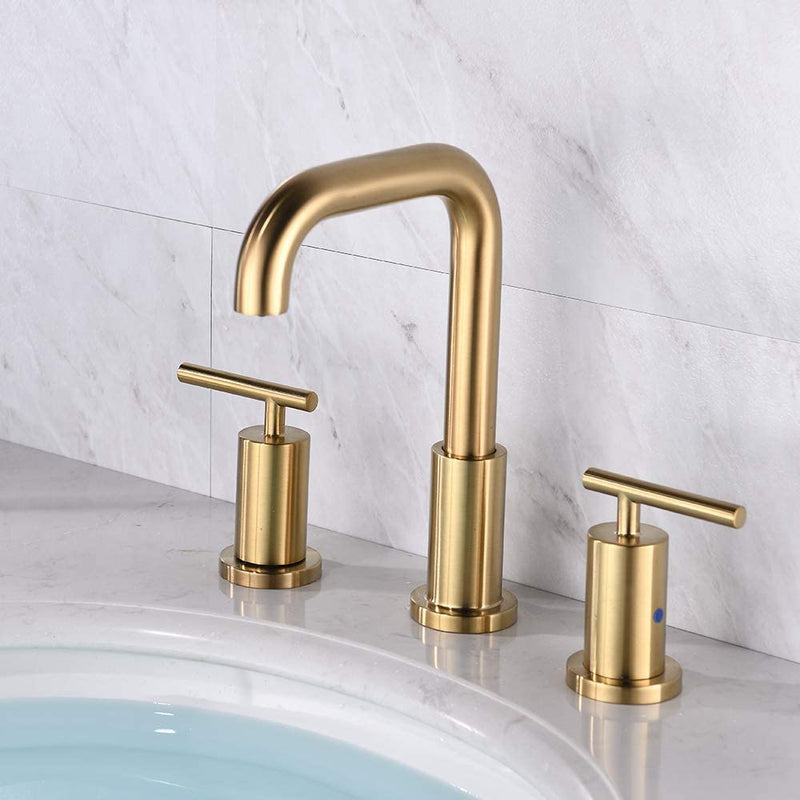 NEWATER 2-Handle 8 inch Widespread Three Hole Bathroom Sink Faucet Supply Lines Basin Faucet Mixer Tap Brushed Gold（CWF030B-BG）