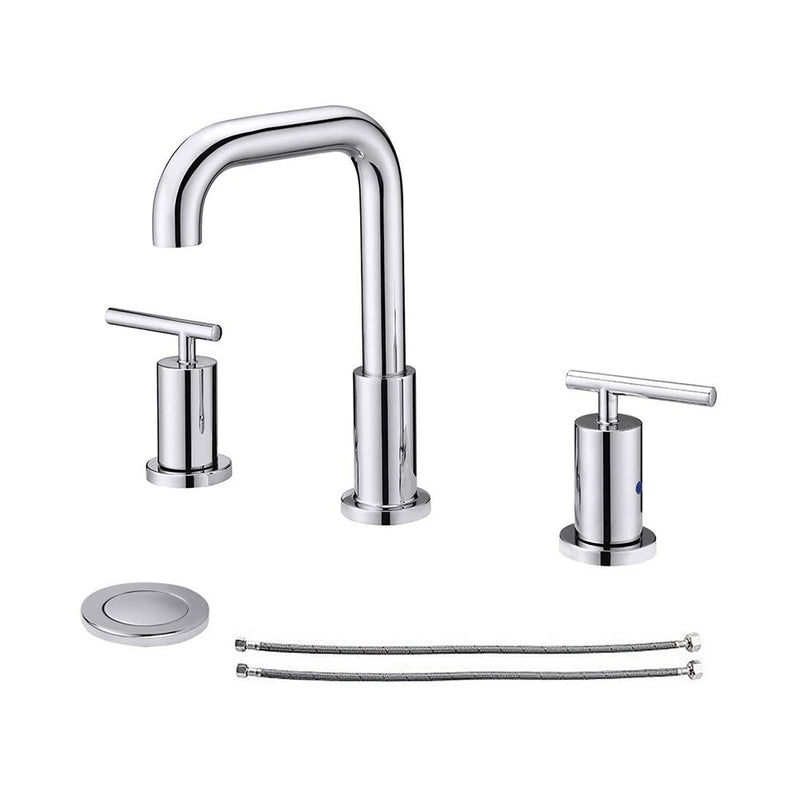 NEWATER Two Handle 8 inch Widespread Three Hole Bathroom Sink Faucet Hoses Basin Faucet Mixer Tap Polished Chrome（CWF030B-C）