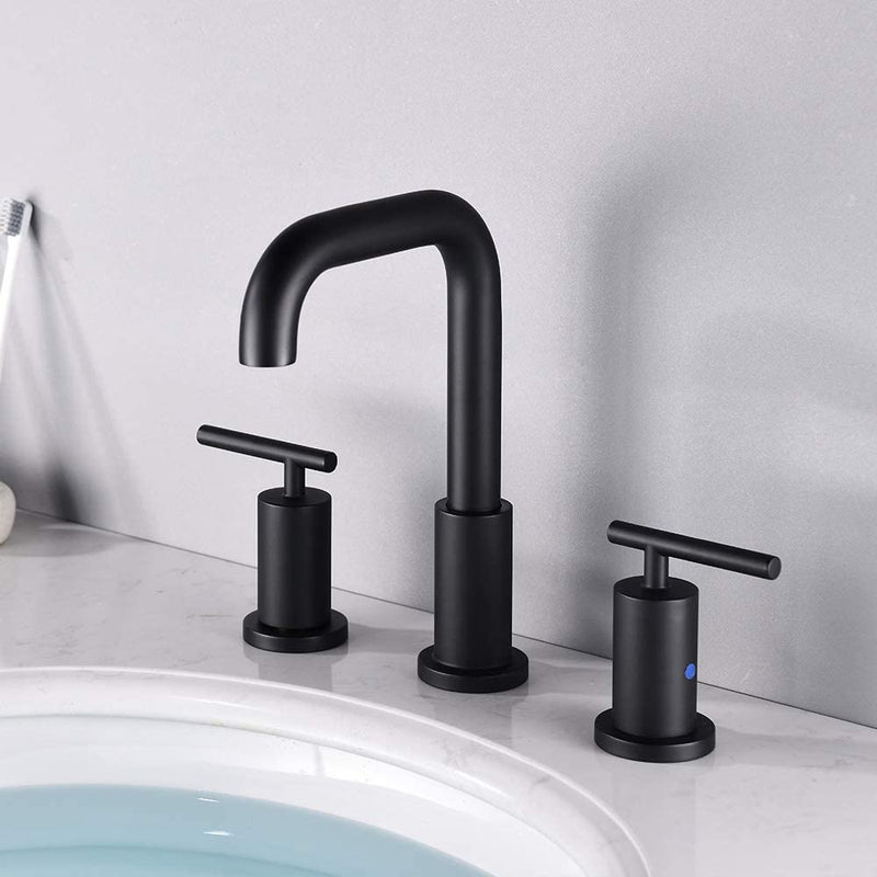 NEWATER Double Handle 8 inch Widespread Three Hole Brass Bathroom Sink Faucet Supply Lines Lavatory Faucet Mixer Tap Matte Black（CWF030B-MB）