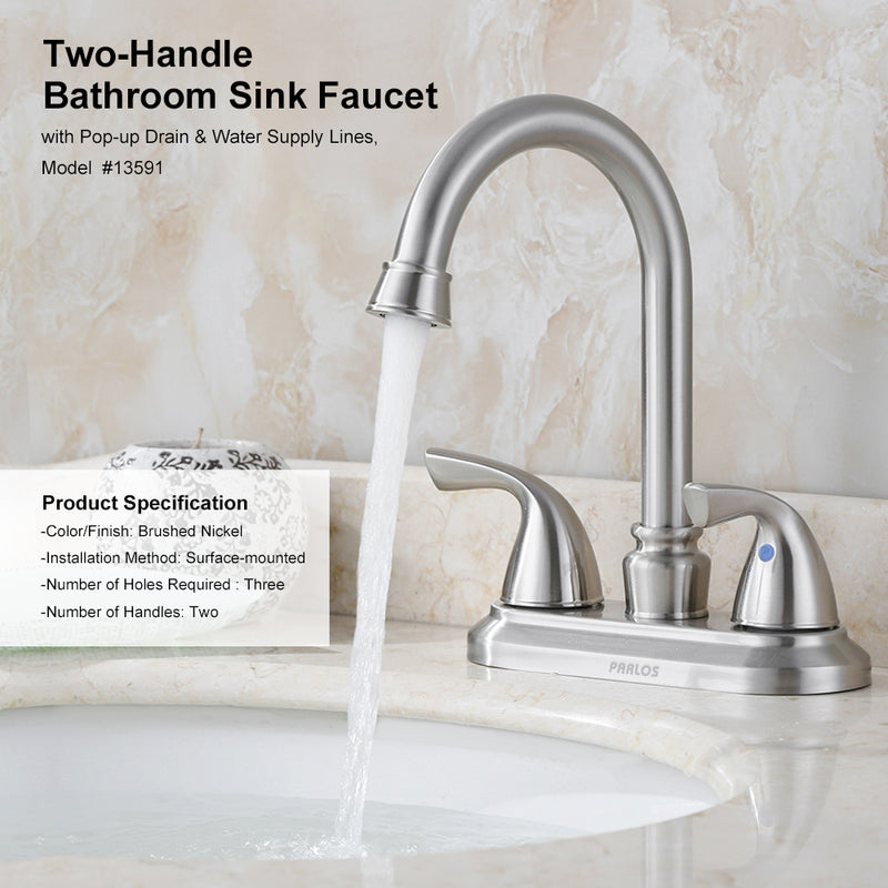PARLOS Two-Handle Bathroom Sink Faucet with Metal Drain Assembly cUPC Mixer Double Handle Faucet Brushed Nickel, 1.5 GPM (13591)