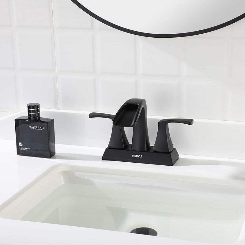 PARLOS 2 Handles Waterfall Bathroom Faucet with Pop-up Drain and Faucet Supply Lines, Matte Black, Doris (1406804)