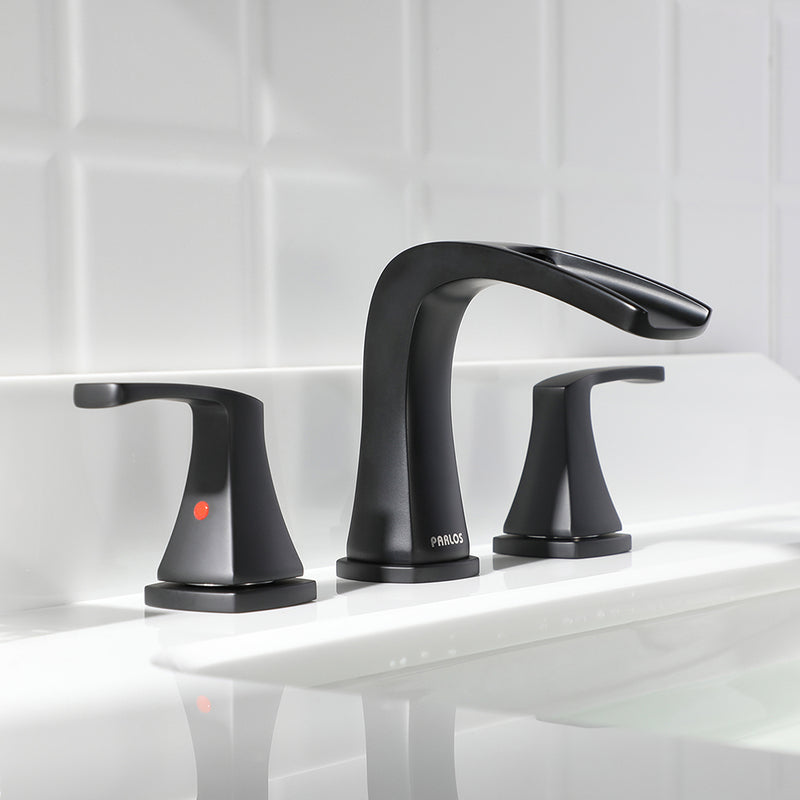 PARLOS Waterfall Widespread Bathroom Faucet Two Handles with Pop Up Drain & cUPC Faucet Supply Lines, Matte Black, Doris,1.5GPM  (1407004)
