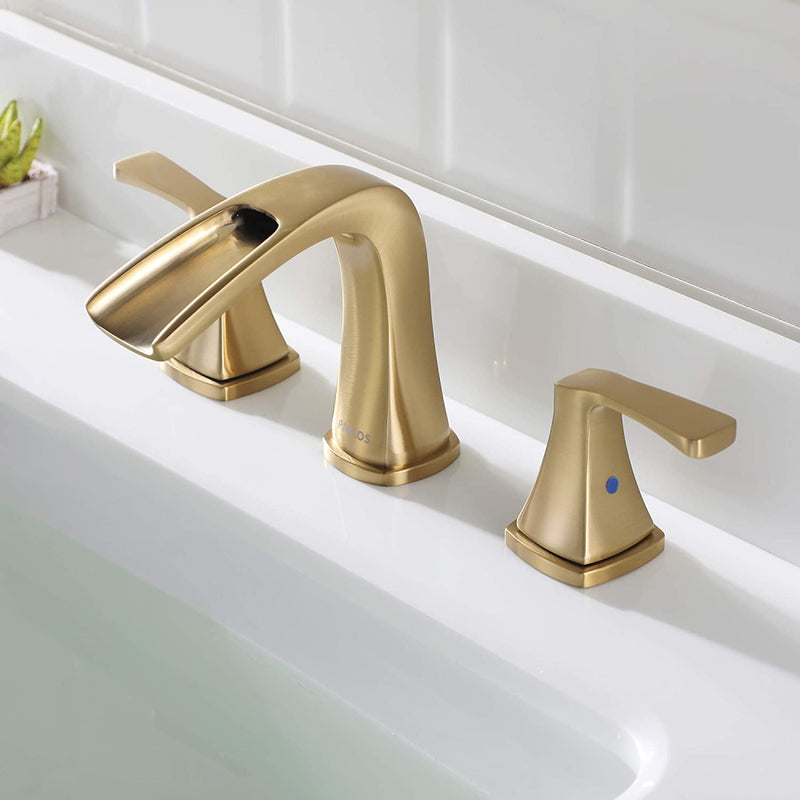 PARLOS Waterfall Widespread Bathroom Faucet 2 Handles with Pop Up Drain & cUPC Faucet Supply Lines, Brushed Gold, Doris,1.5GPM (1407008)