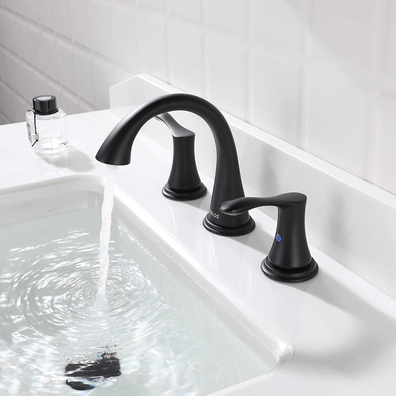 PARLOS Widespread 2 Handles Bathroom Faucet with Pop Up Sink Drain and cUPC Faucet Supply Lines, Matte Black, Demeter （14135）