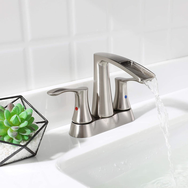 PARLOS 2 Handles Waterfall Bathroom Faucet with Pop-up Drain and Faucet Supply Lines, Brushed Nickel, Demeter 1431702