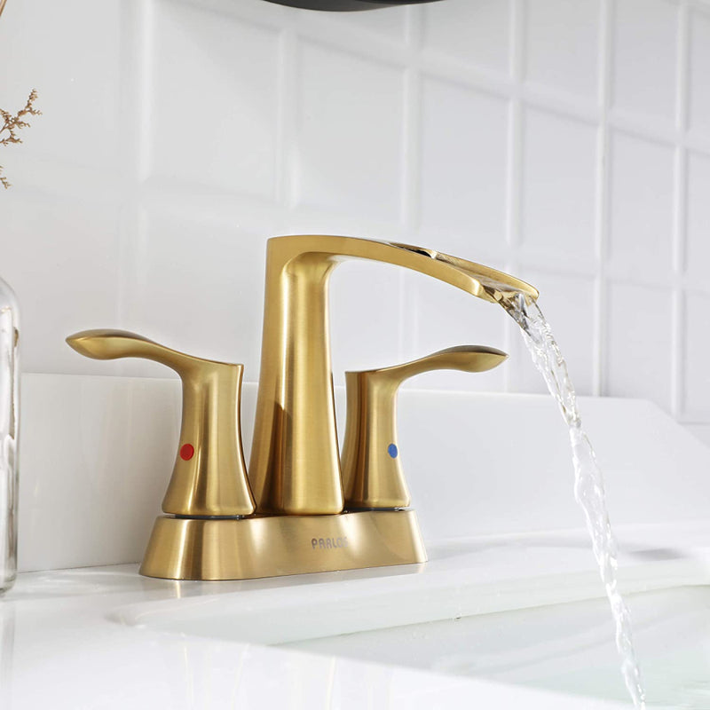 PARLOS 2 Handles Waterfall Bathroom Faucet with Pop-up Drain and Faucet Supply Lines, Brushed Gold, Demeter （1431708）