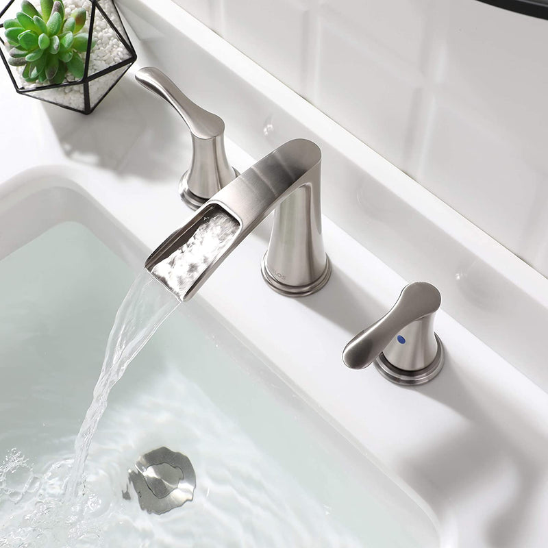 PARLOS Waterfall Widespread Bathroom Faucet 2 Handles with Pop Up Drain & cUPC Faucet Supply Lines, Brushed Nickel, Demeter 1431802