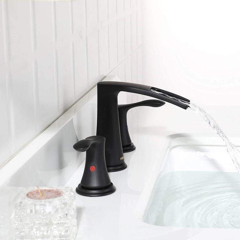 PARLOS Waterfall Widespread Bathroom Matte Black Faucet Two Handles with Pop Up Drain & cUPC Faucet Supply Lines Demeter（1431804）